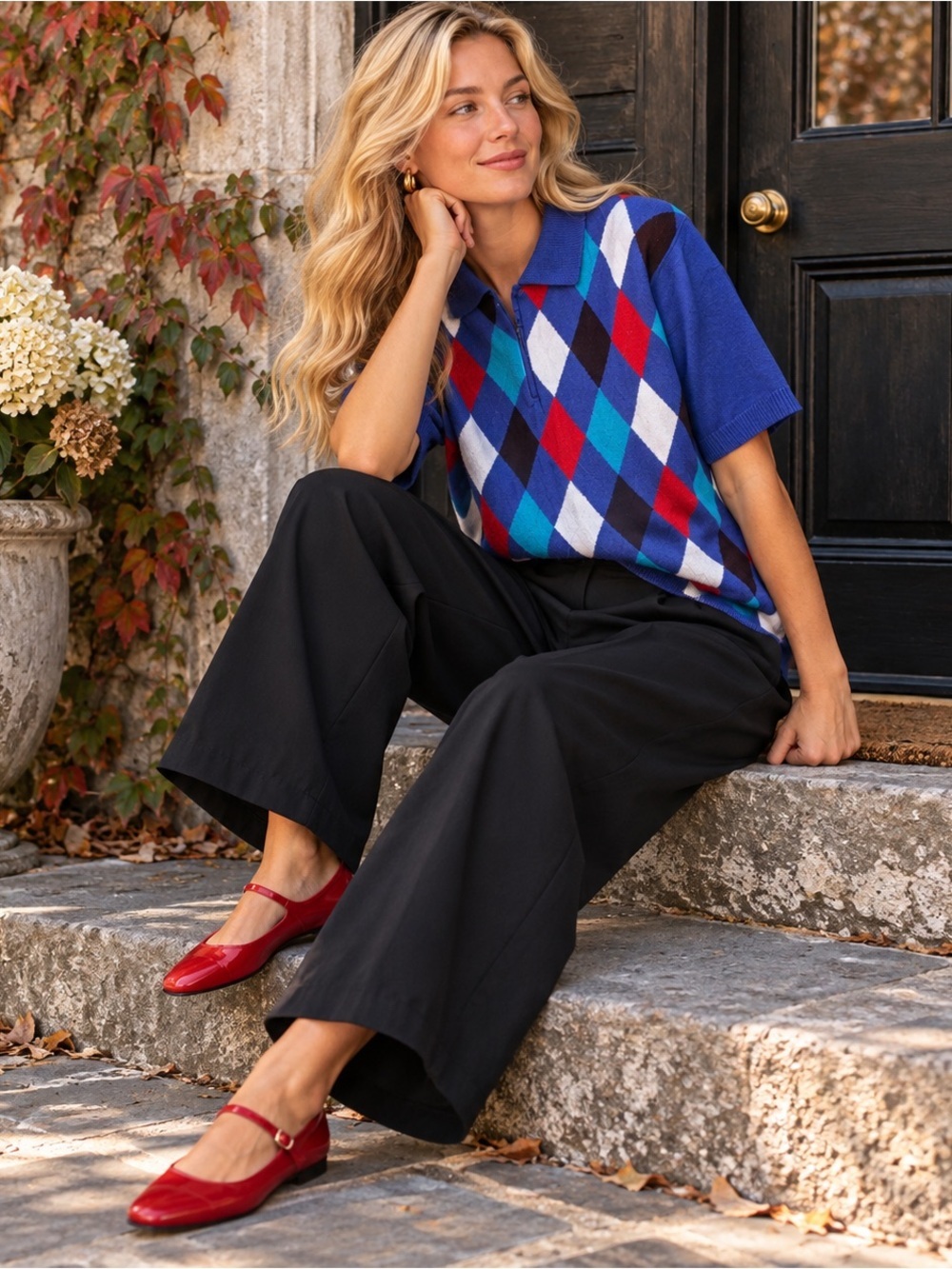 Argyle polo Vintage Argyle Sweater Top with Collar 2X Alfred Dunner